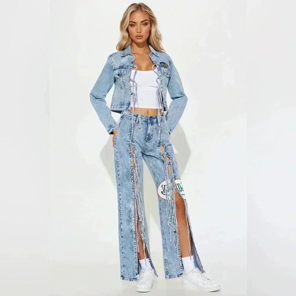 NWT Von Dutch Tie Front Patch Denim Jacket Light Wash - Picture 3 of 8